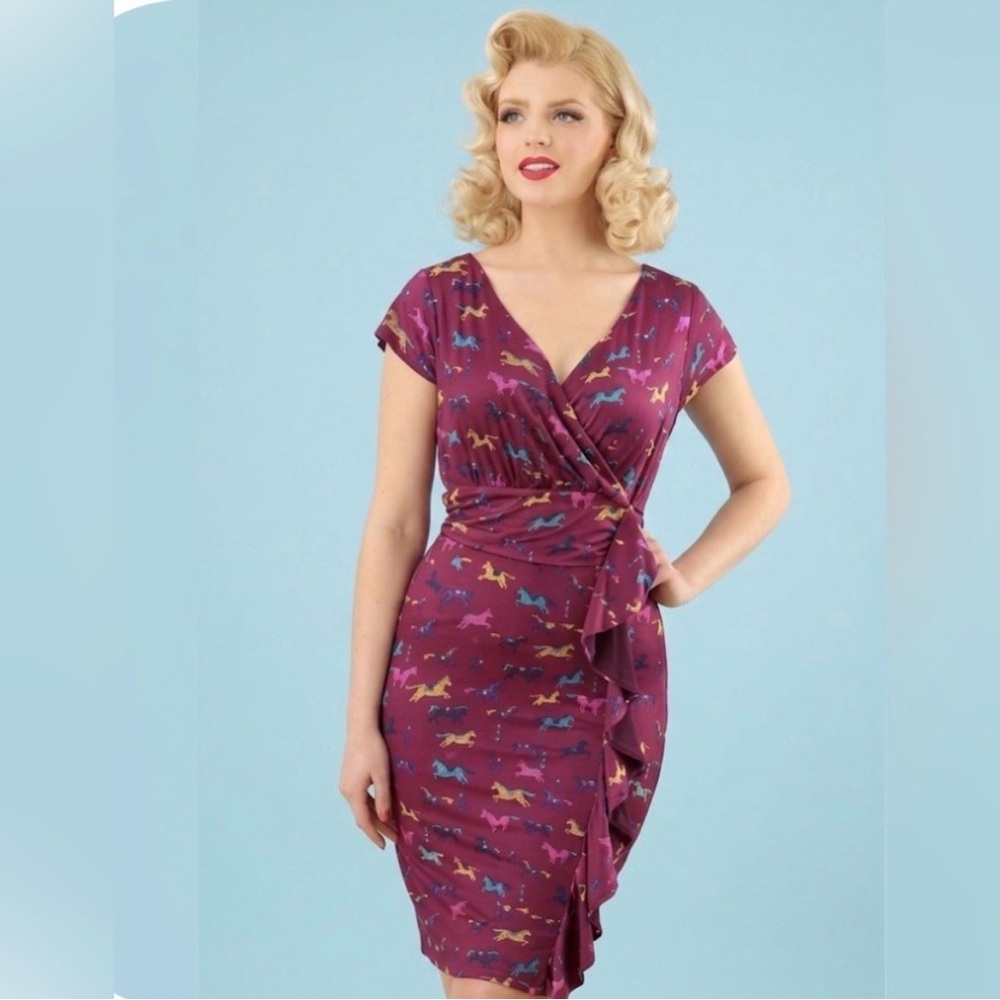 Lindy Bop Niamh Dress in Wild Horses Burgundy Retro Pinup Ruffle - Size 10 - NWT